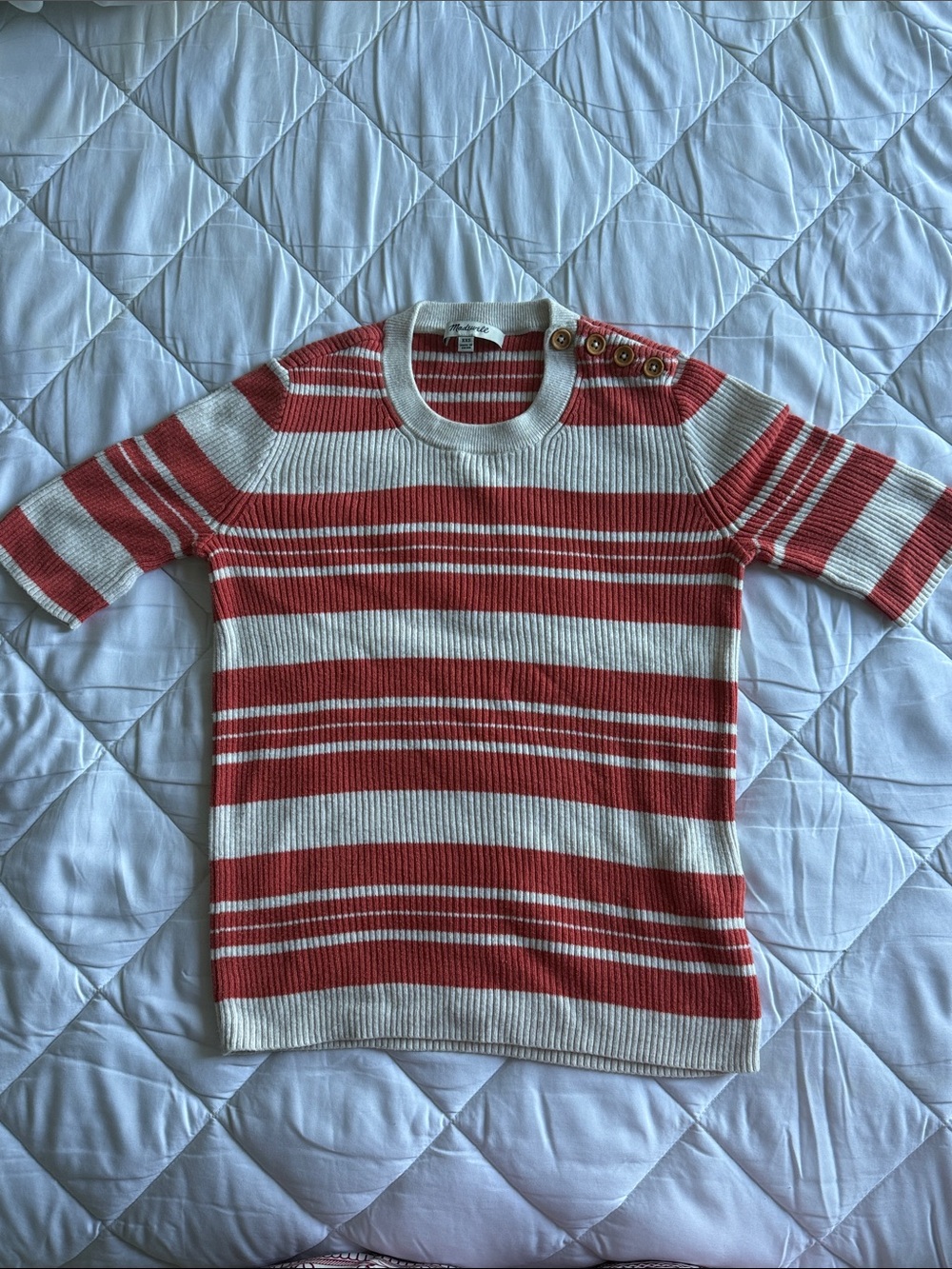 Madewell Coral & Ivory Striped Short Sleeve Crew with Shoulder Buttons